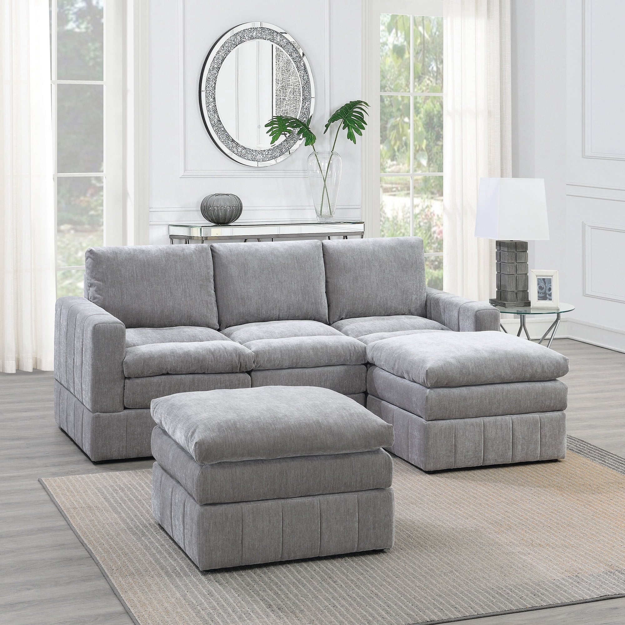VORENE 5 Piece Modular Sectional Set Morgan Fabric Plush Living Room Chairs Wedge And Ottomans, Granite