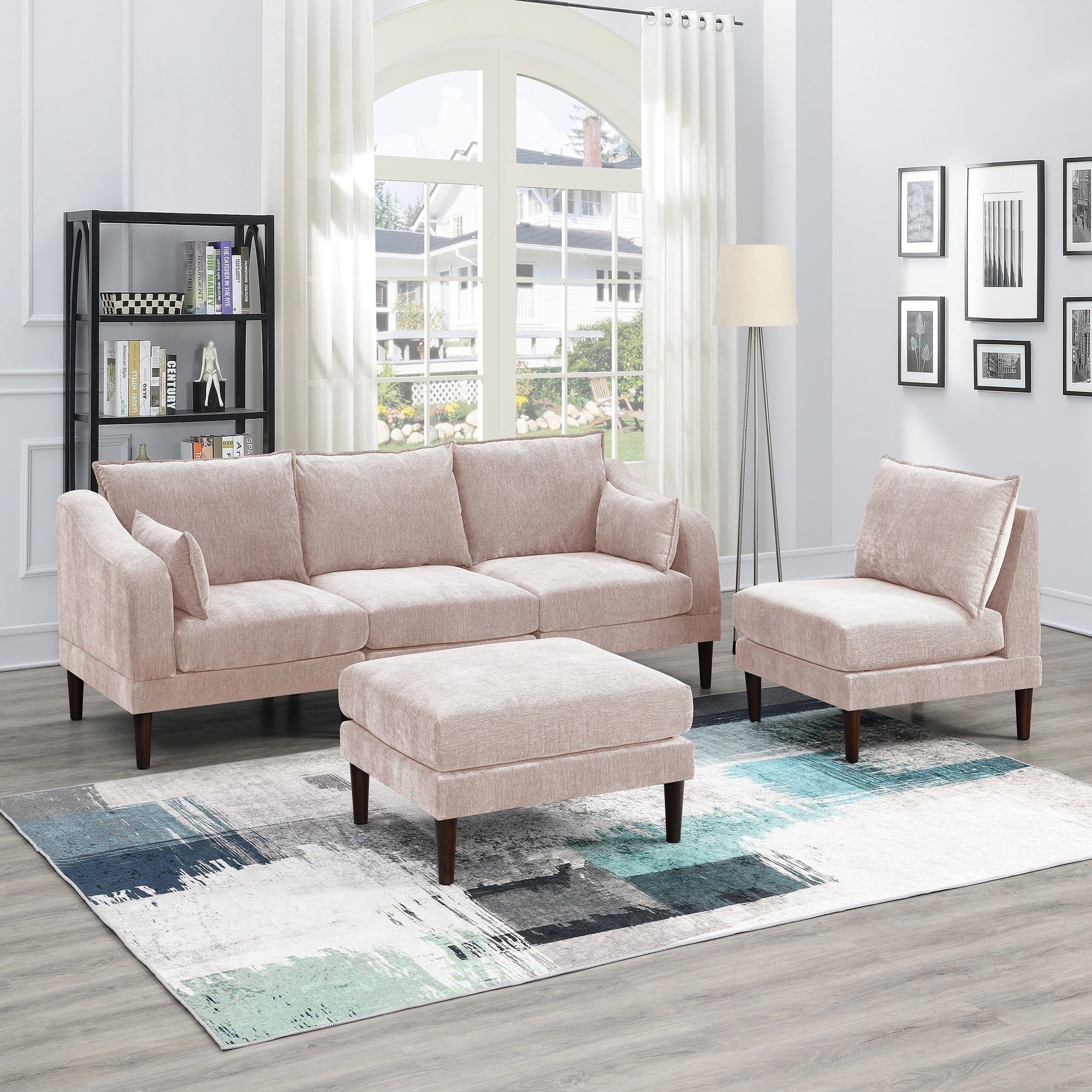 VORENE 5 Piece Modular Sectional Sofa Set Morgan Fabric With Chairs And Ottoman, Blush Pink