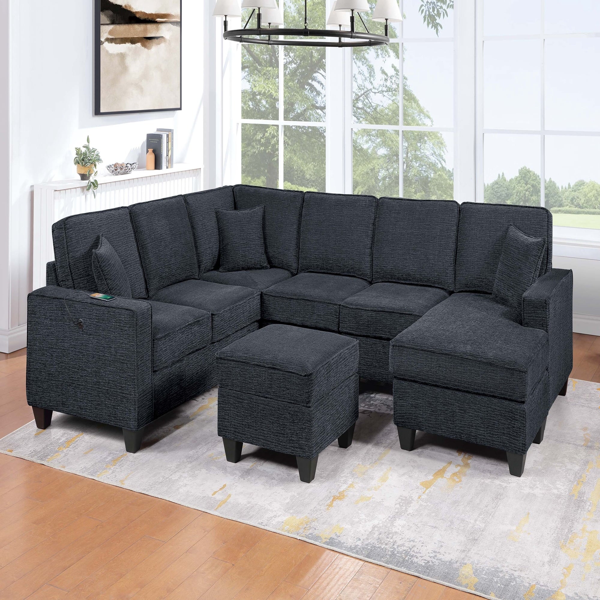 VORENE 5pc Modular Sectional Set with USB Port Corner Wedge Armless Chair and Chaise, Slate Black