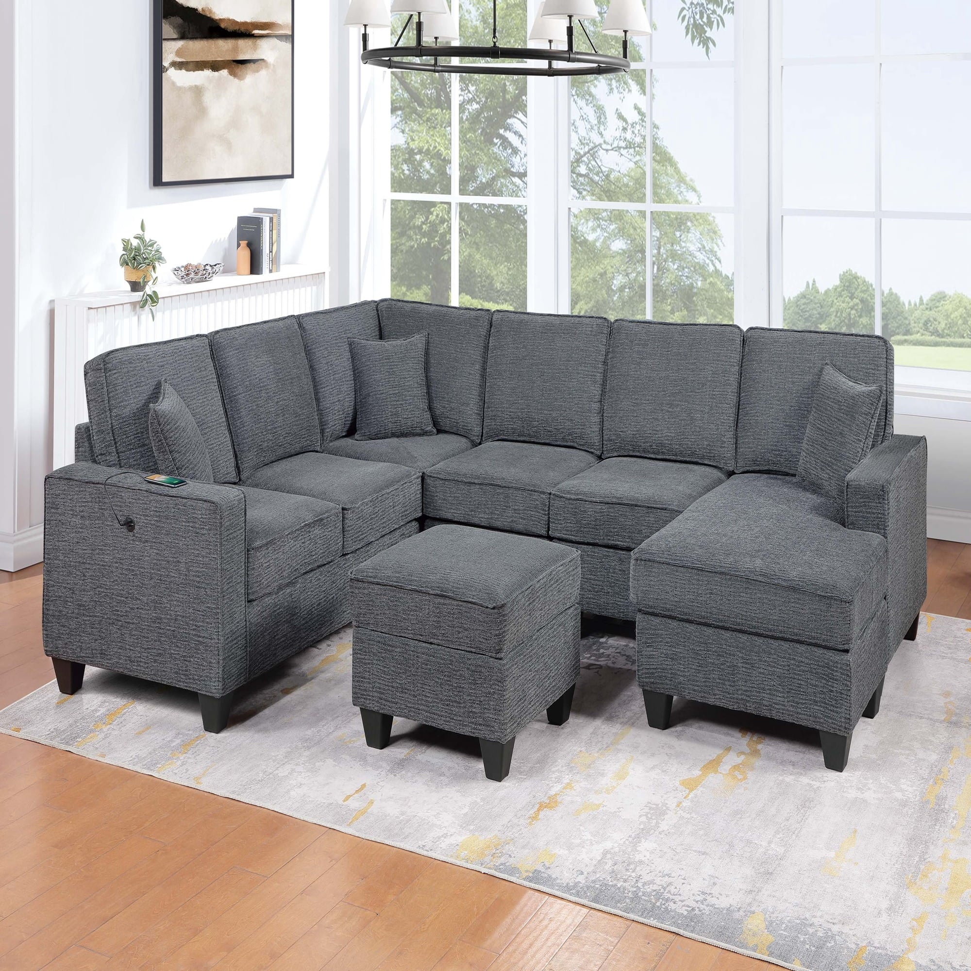 VORENE 5pc Modular Sectional Sofa with USB Port Corner Wedge Armless Chair and Chaise, Slate Gray