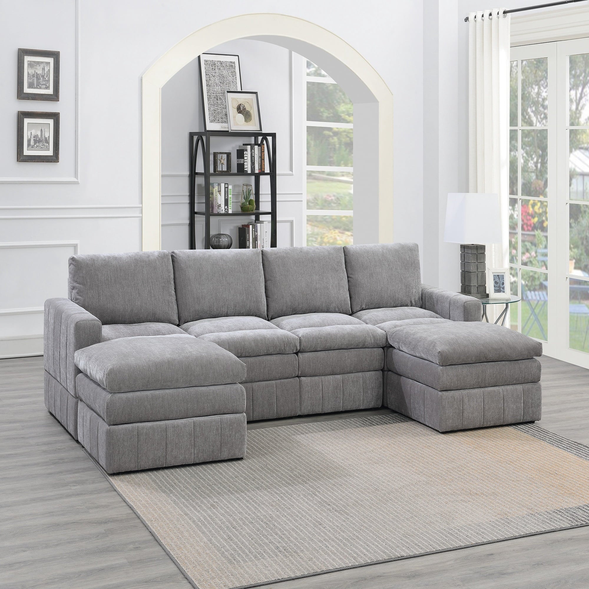 VORENE 6 Piece Modular Sectional Set Morgan Fabric Plush Living Room Chairs Wedge And Ottomans, Granite