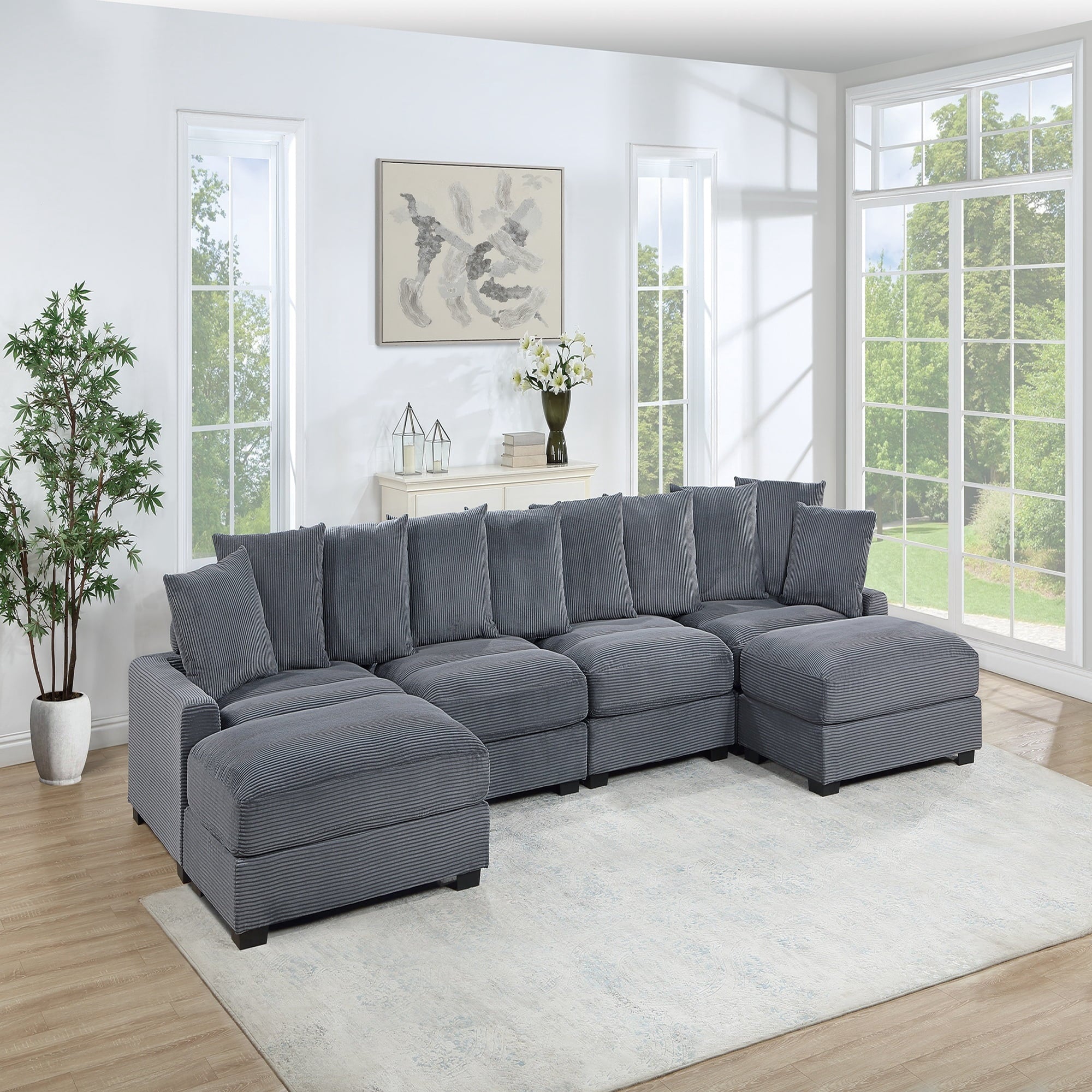 VORENE 6 Piece Modular Sectional Sofa Corduroy Upholstered With Chairs And Ottomans, Dark Gray