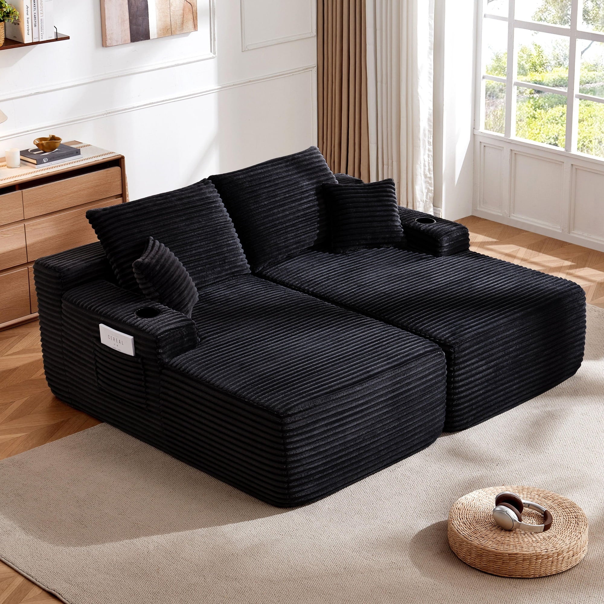 VORENE 69 Inch Cloud Sectional Couch L&R Chaise Deep Seat 2 Seater Plush Fabric Living Room, Black