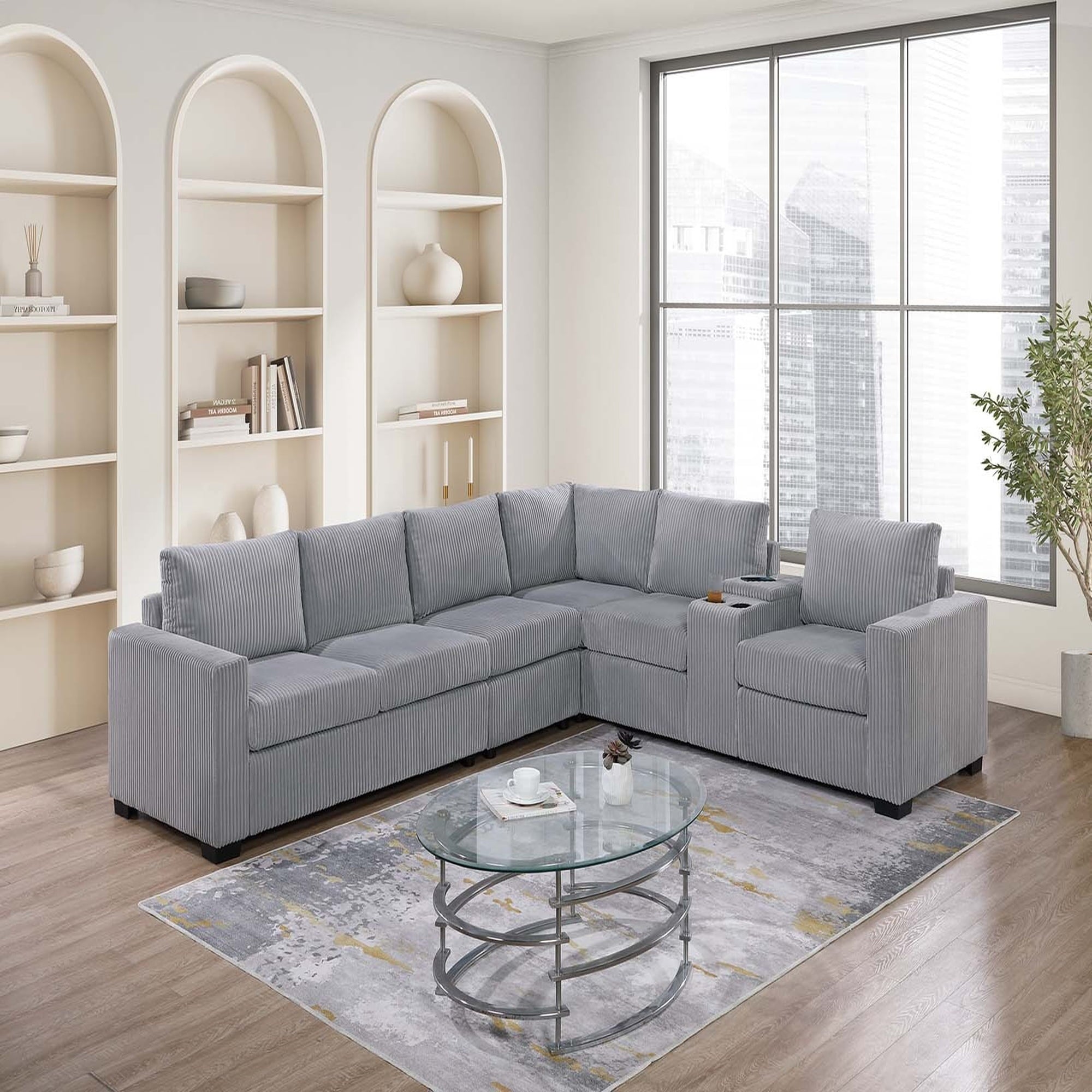 VORENE 6pc Large Light Gray Corduroy Sectional Set with Loveseat Wedge and Armless Chair, Light Gray