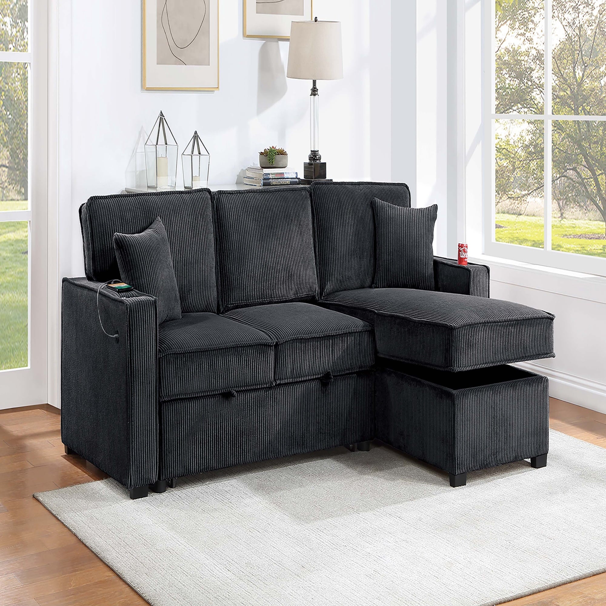 VORENE Convertible Sectional Sofa With Cup Holder USB C Port Storage And Pull Out Extension, Black