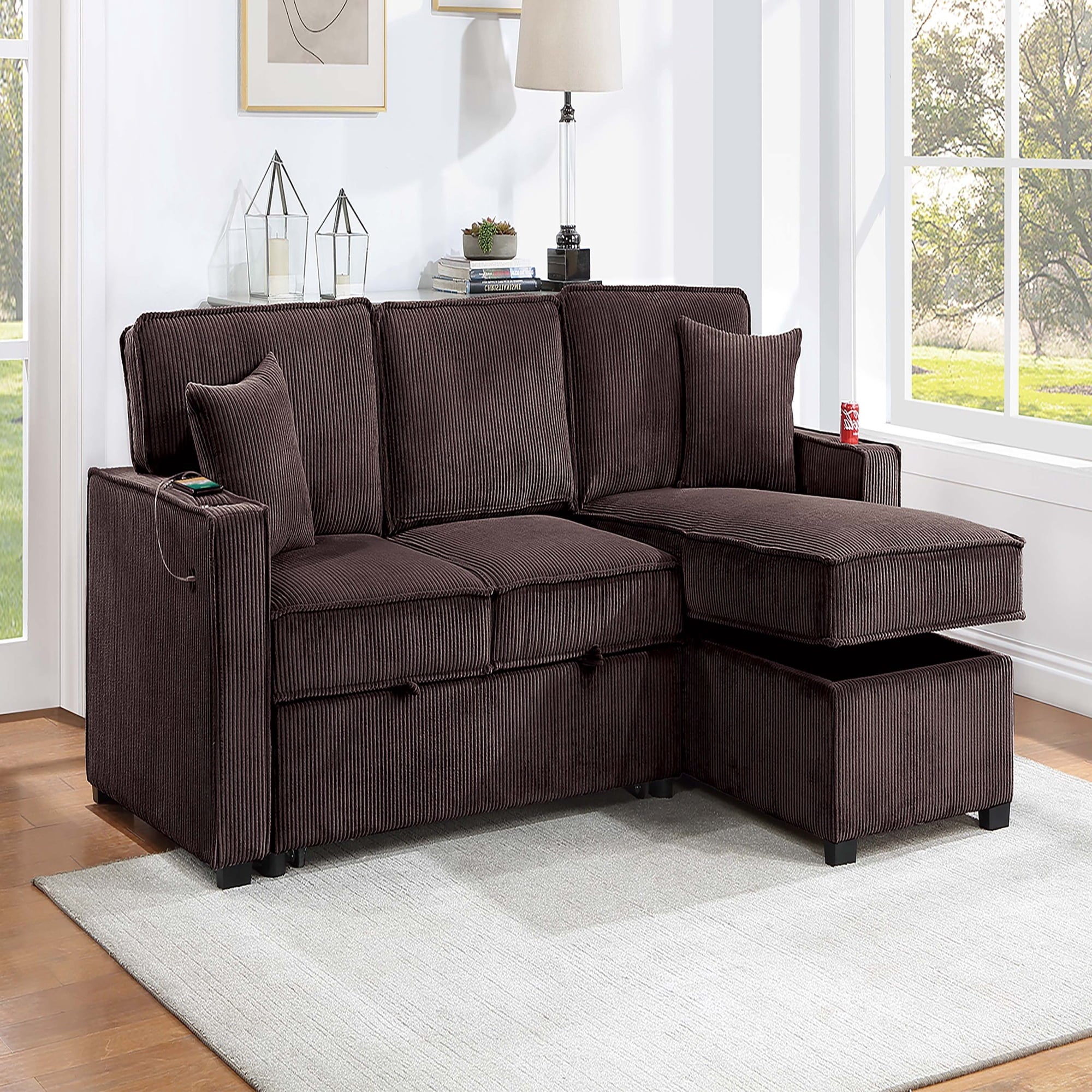 VORENE Convertible Sectional Sofa With Cup Holder USB C Port Storage And Pull Out Extension, Chocolate