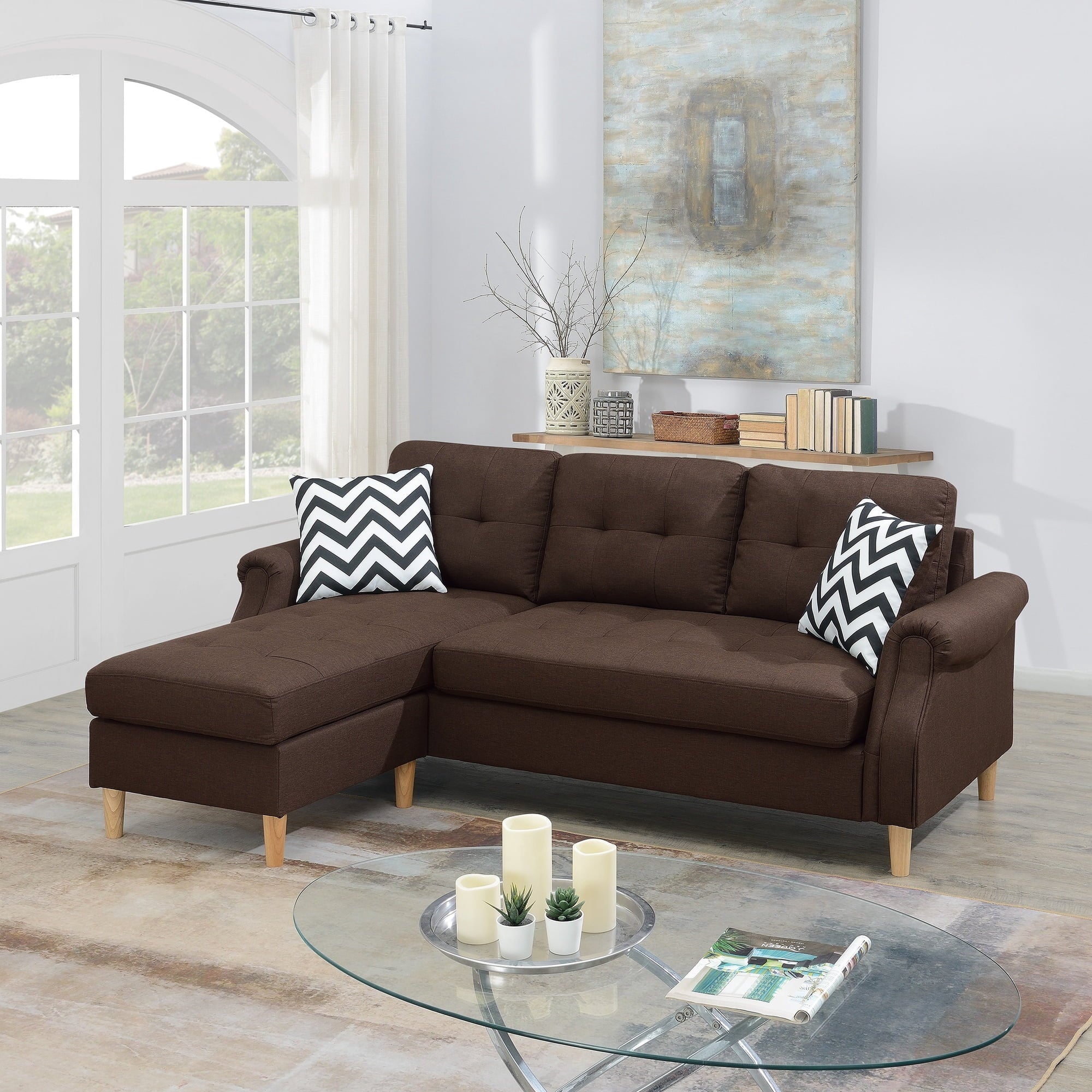 VORENE Corner Sectional Sofa Reversible Chaise Polyfiber Upholstered Living Room Furniture, Dark Coffee