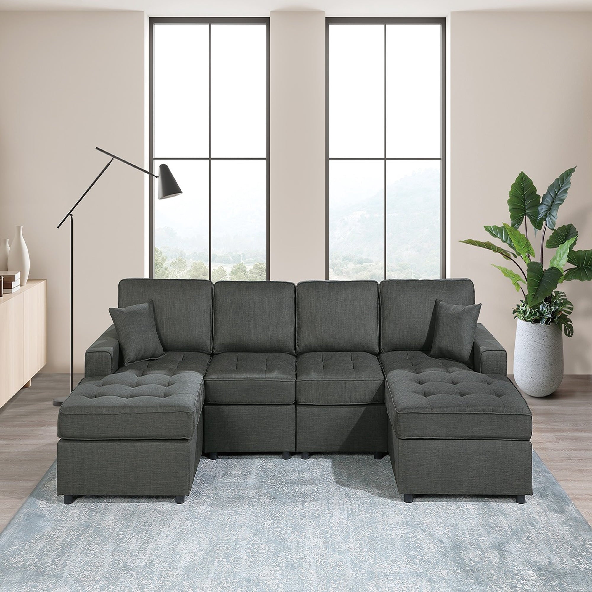 VORENE Multi Seat Sectional Sofa Set with RAF LAF Chaise and Tufted Fabric Design, Ash Black