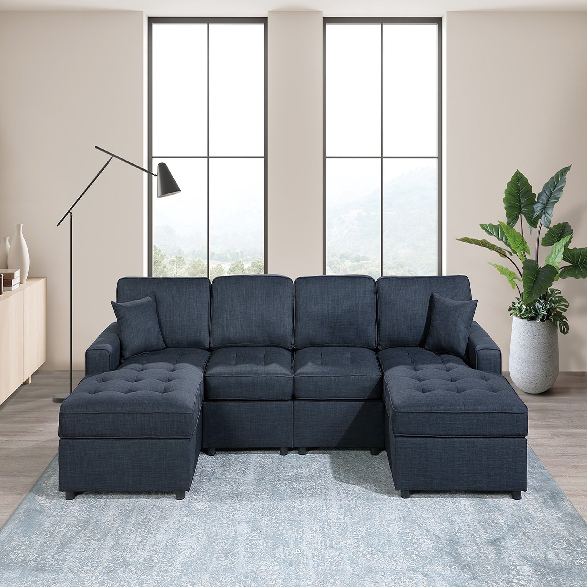 VORENE Multi Seat Tufted Fabric Sectional Sofa Set with RAF LAF Chaise for Living Room, Dark Blue