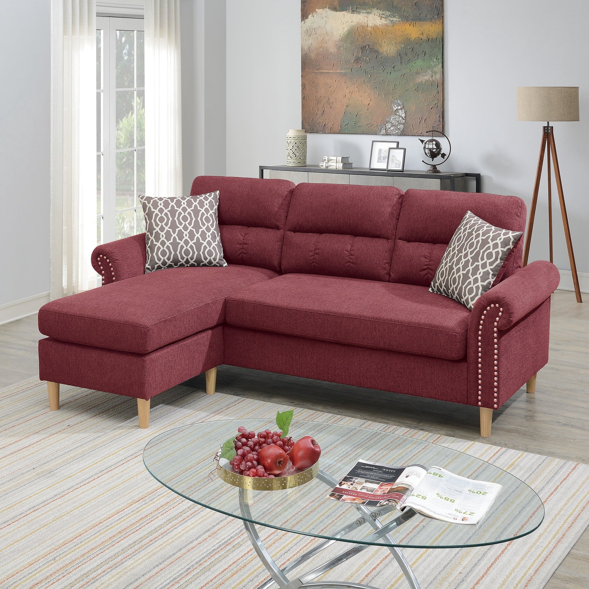 VORENE Reversible Polyfiber Sectional Sofa With Chaise Pillows And Nailhead Details, Paparika Red
