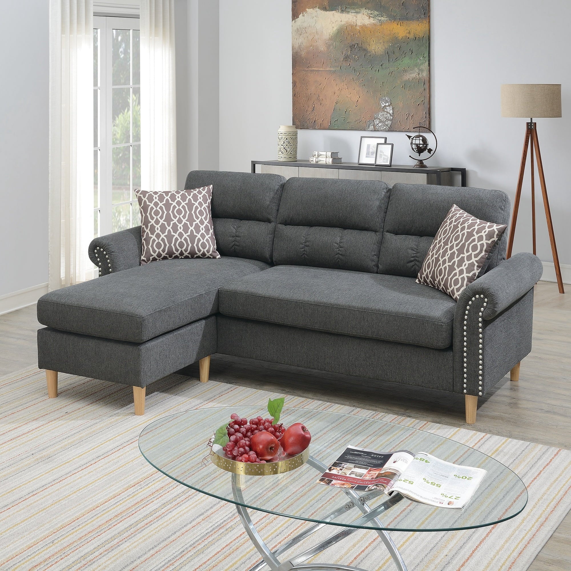 VORENE Reversible Polyfiber Sectional Sofa With Chaise Pillows And Nailhead Details, Slate