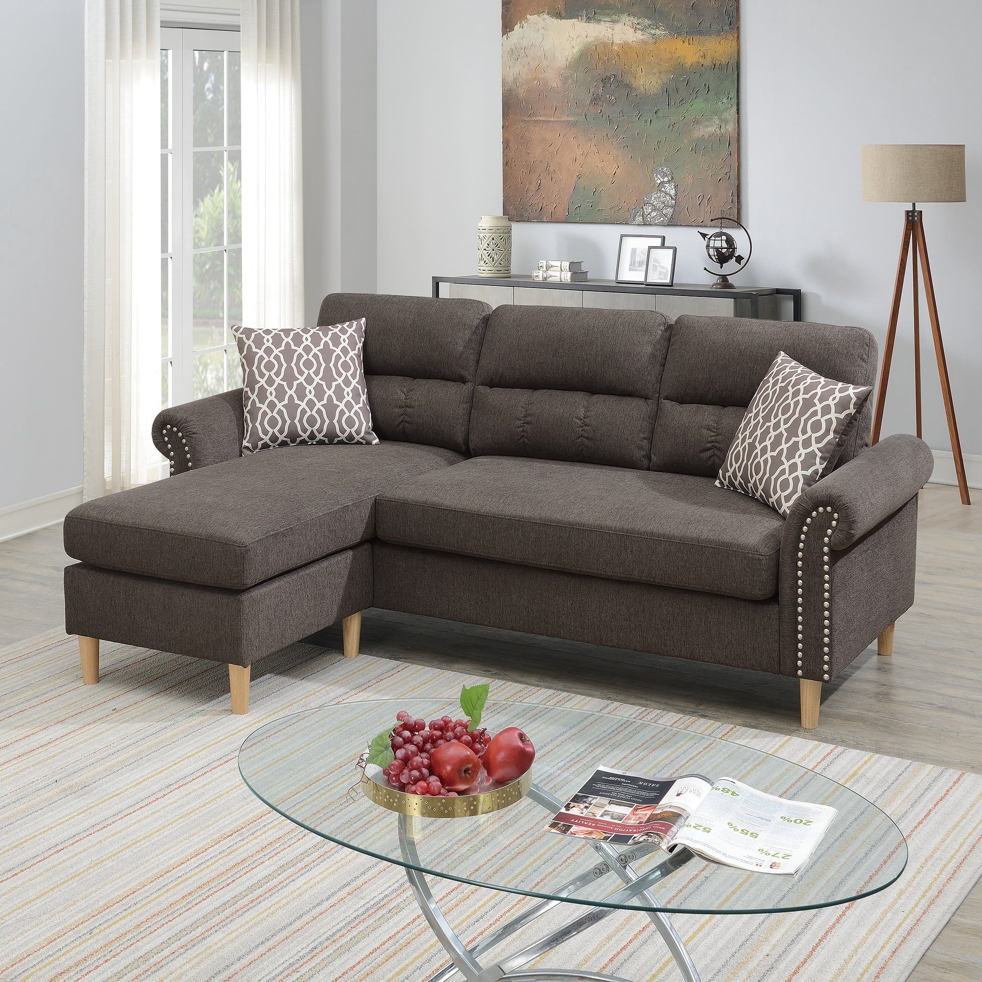 VORENE Reversible Polyfiber Sectional Sofa With Chaise Pillows And Nailhead Details, Tan