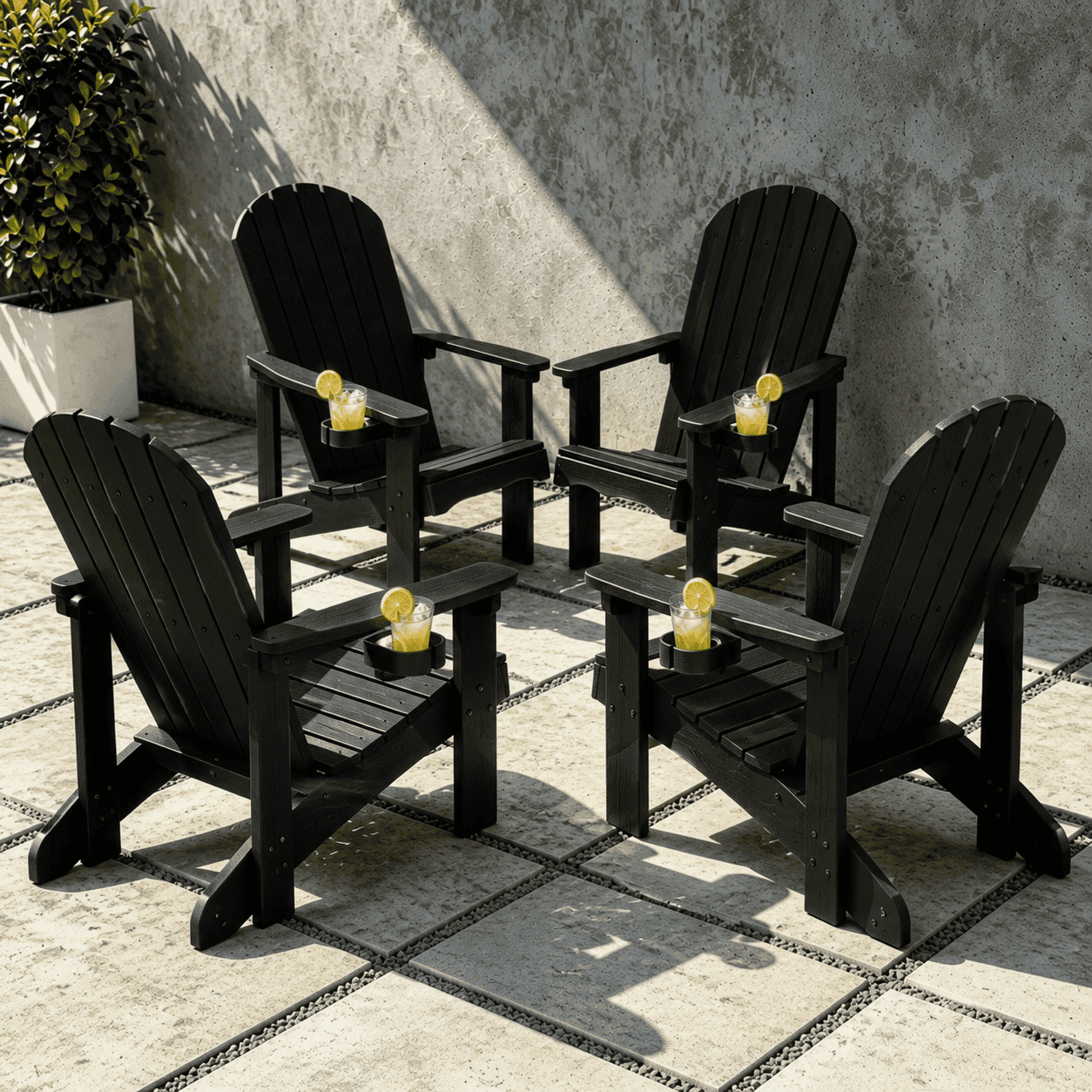 VORENE Set of 4 Folding Adirondack Chairs HDPE Weatherproof Patio Seating with Cup Holder Black